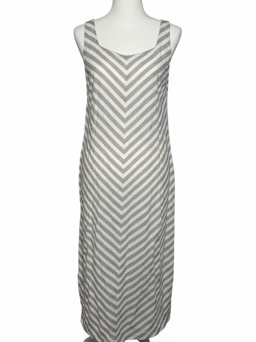 J. Jill Sleeveless Chevron Maxi Dress in Tan & White Linen Size XS